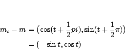 \begin{displaymath}\null\,\vcenter{\openup\jot\mathsurround0pt
\ialign{\strut...
...),\sin(t+\frac12\pi)\bigr)\cr
&= (-\sin t,\cos t)\cr\crcr}}\,
\end{displaymath}