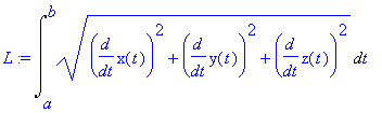 L := Int((diff(x(t),t)^2+diff(y(t),t)^2+diff(z(t),t)^2)^(1/2),t = a .. b)
