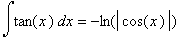 int(tan(x),x) = -ln(abs(cos(x)))