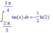 Int(tan(x),x = 2/3*Pi .. 3/4*Pi) = -1/2*ln(2)