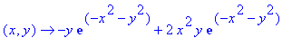 (x, y) -> -y*exp(-x^2-y^2)+2*x^2*y*exp(-x^2-y^2)
